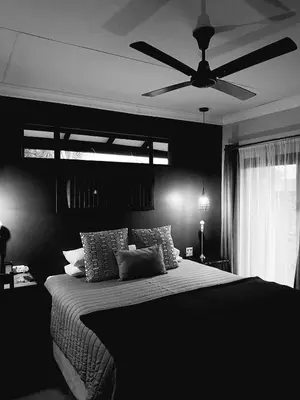 a black bedroom with a bed with a ceiling fan at Phatt Olive BnB in Middelburg