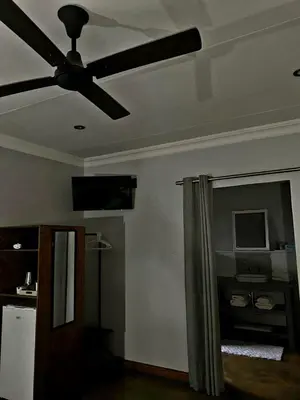 a ceiling fan in a living room with a curtain at Phatt Olive BnB in Middelburg
