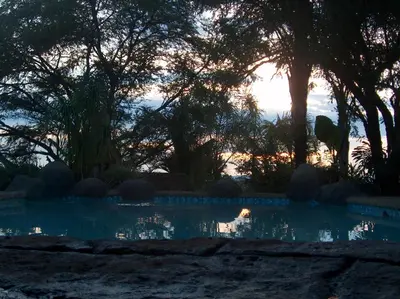 a pool with trees and the sunset in the background at Mukurumanzi Lodge in Polokwane