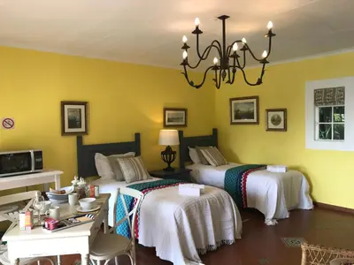 two beds in a room with yellow walls at Diggersrest Lodge in Haenertsburg