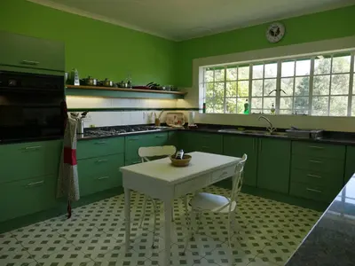 a kitchen with green cabinets and a white table at Diggersrest Lodge in Haenertsburg