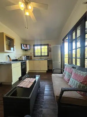 a living room with a couch and a kitchen at 7 on Bellevue in White River