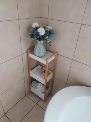 a vase with flowers on a shelf in a bathroom at Wampi guesthouse in Polokwane