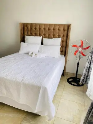 a bedroom with a white bed and a fan at Mulwela Palace & Resort in Sigande