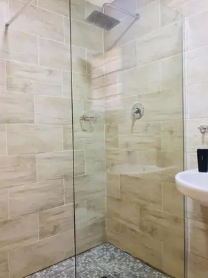 a bathroom with a glass shower with a sink at Blanc and Bold in Vosburg
