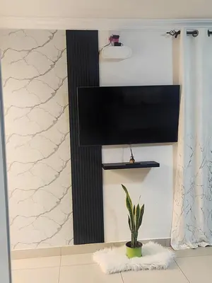 a flat screen tv on a wall with a potted plant at Palma Royal Ensuite in Pretoria