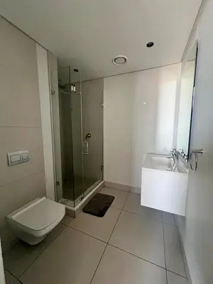 a bathroom with a shower and a toilet and a sink at Kabazela at Ellipse in Midrand