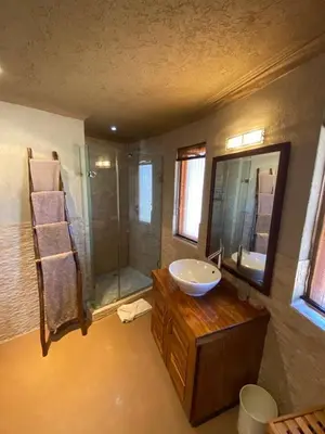 a bathroom with a sink and a shower at Zebula - African Dream A - Pax 8 in Warmbaths