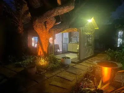 a house with a tree in the yard at night at African Paradise - Garden Glamping - Outdoor Shower in Benoni