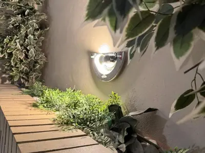 a light on the side of a wall with plants at Wonder House Lodge in Mokopane