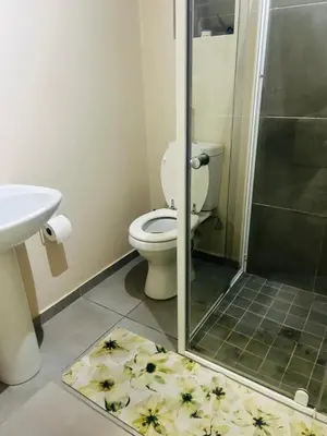 a bathroom with a toilet and a shower and a rug at Stunning modern 2 bedroom apartment in Waterfall Ridge in Midrand