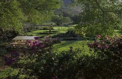a park with a bench and some flowers and trees at Eagles View in Hartbeespoort