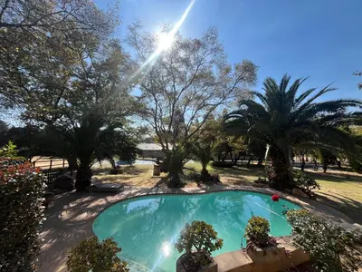 an overhead view of a swimming pool with palm trees at Follyfoot Manor in Midrand