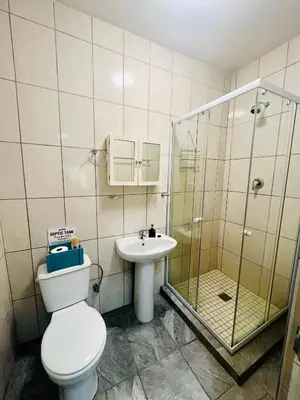 a bathroom with a toilet and a shower and a sink at Follyfoot Manor in Midrand