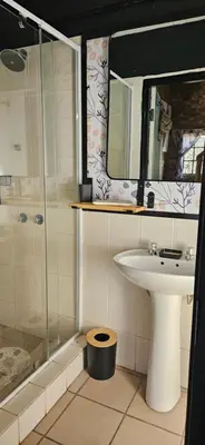 a bathroom with a sink and a shower at Cottage On Naboom in Marloth Park
