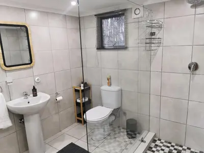 a bathroom with a toilet and a sink at The Thatched Cottage in Benoni