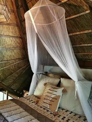a bed in a thatched room with a mosquito net at The Thatched Cottage in Benoni