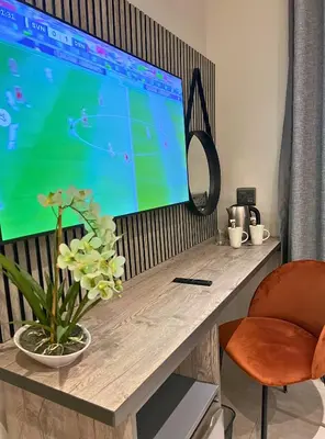 a desk with a large monitor and a plant at The Cycad Lodge & Chalets in Nelspruit