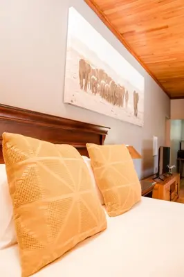 a bed with yellow pillows and a picture of a herd of elephants at 85 Ehmke Guesthouse in Nelspruit