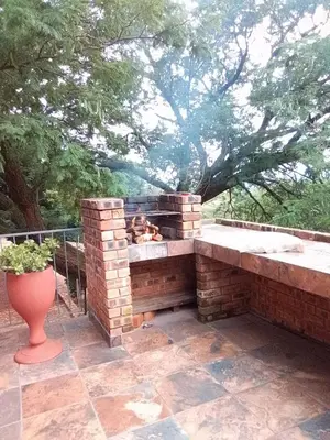a dog laying in a brick fireplace on a patio at Mountain Guesthouse in Pretoria