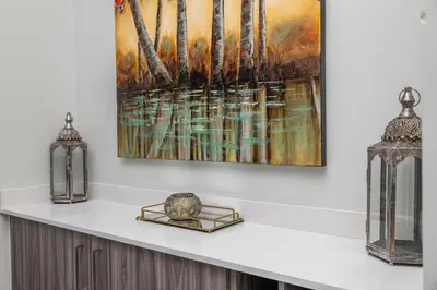 a painting hanging on a wall with two lights on a shelf at 225 The Woods, Kyalami in Midrand