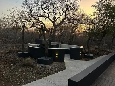 a bench with trees and lights in a park at Park View - Creature comforts in nature in Marloth Park