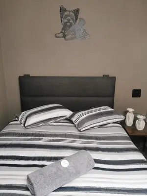 a bed with a stuffed dog on top of it at Cammys in Secunda