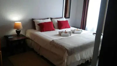 a bedroom with a large bed with red pillows at Ilane Guesthouse in Nelspruit