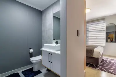a bathroom with a sink and a toilet and a bed at The Manson's BishopsCourt in Pretoria