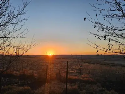 a sunset in a field with the sun setting at Doringdraad Lodge Rooms Mufasa and Simba in Brendan Village