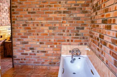 a bath tub in front of a brick wall at Timbuktwini, Marloth Park, Mpumalanga in Marloth Park
