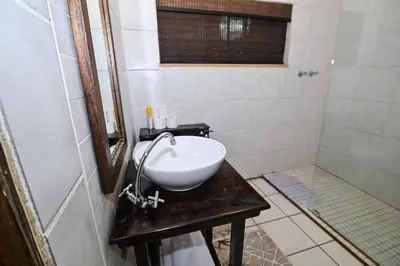 a bathroom with a white sink and a shower at Morning Star Guest House in Kempton Park