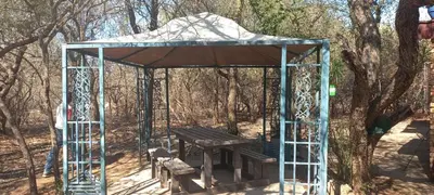a gazebo with a picnic table in the woods at Martys Place in Marloth Park