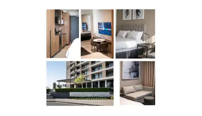 a collage of four pictures of a hotel room at Menlyn Maine Trilogy Apartment in Pretoria