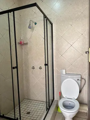 a bathroom with a shower with a toilet in it at Crown Guesthouse-Waterkloof in Pretoria