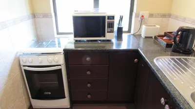 a kitchen with a stove and a microwave at 205 Zebula 2 bedroom cottage in Warmbaths