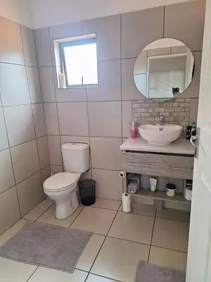 a bathroom with a sink and a toilet and a mirror at Oppieplaas in Alldays