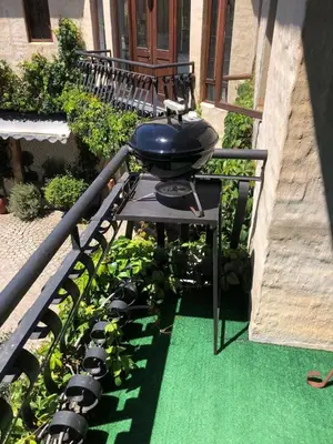 a grill on a table with plants on a balcony at Cherry Lane at Cherry Grove in Dullstroom
