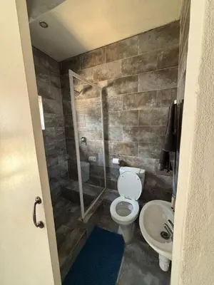 a bathroom with a toilet and a shower and a sink at Glowti Event & Guest House in Centurion