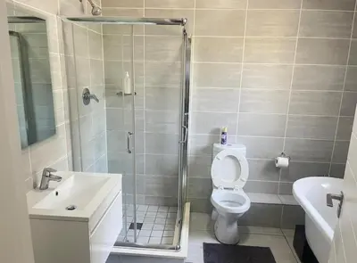 a bathroom with a shower and a toilet and a sink at Upmarket Luxury 1 bedroom Apartment in Kyalami