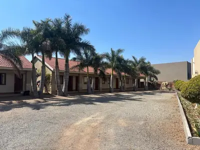 a row of palm trees on the side of a road at C'est Si Bon Accommodation at 03 Beitel, Mokopane in Mokopane