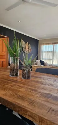 two plants on a wooden table in a living room at Rupping Bush Retreats in Mmukubyane
