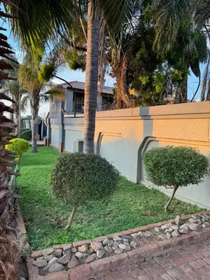 a fence with a palm tree in front of a house at Kioma guest house mahwelereng in Mokopane