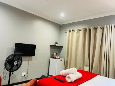 a room with a bed and a tv and a fan at De'Lush Oasis in Pretoria