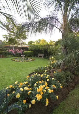 a garden with flowers and a park with a bench at Royal Ridge Guesthouse in Pretoria