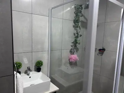 a bathroom with a sink and a shower with plants at Private Space in a House in Pretoria