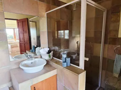 a bathroom with a sink and a glass shower at Bush Willow Lodge in Hazyview