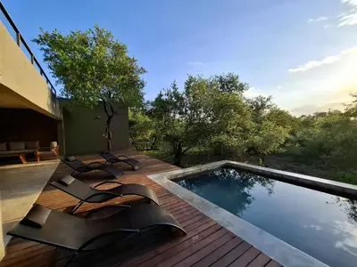 a swimming pool on a deck next to a house at TheView Marloth Lodge in Marloth Park