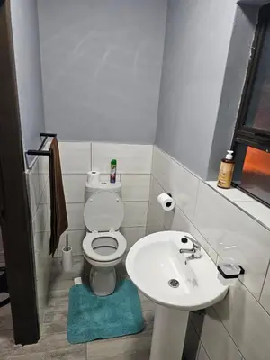 a small bathroom with a toilet and a sink at Lanico in Witbank