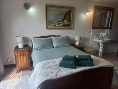 a bedroom with a bed with two green pillows on it at Ormonde guesthouse in Pretoria